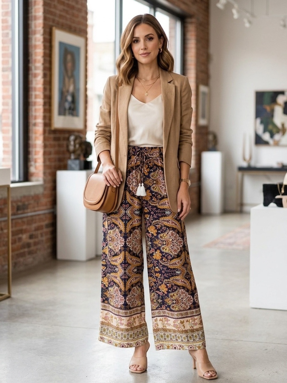 SHEIN Navy Paisley Print Wide-Leg Pants with Mustard & Pink Accents